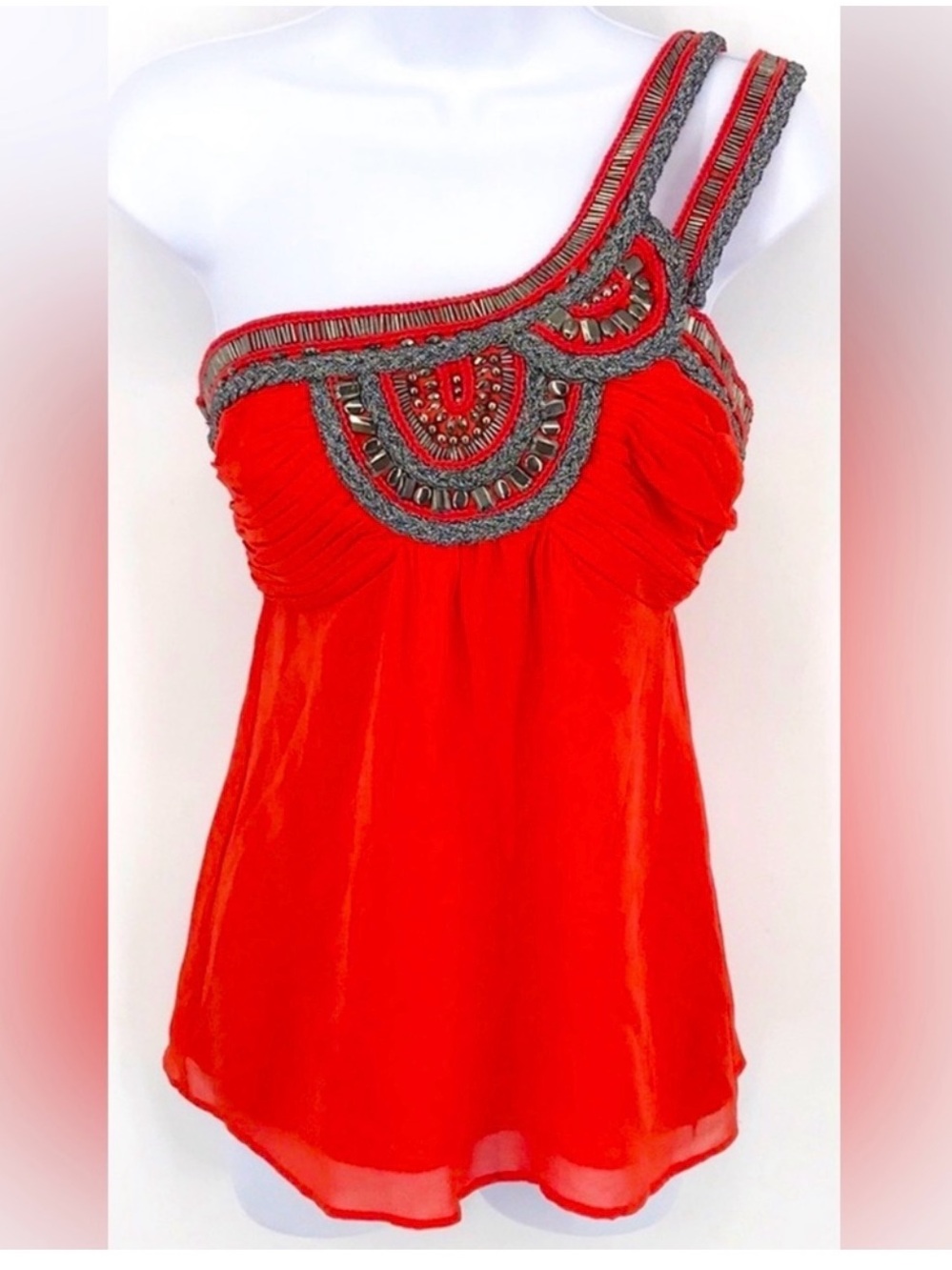 100% Silk Embellished One Shoulder Red Orange Top Sz XS